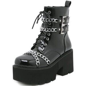 Women's Platform Goth Ankle Boots Black Chain Boots Punk Mid Calf Boots